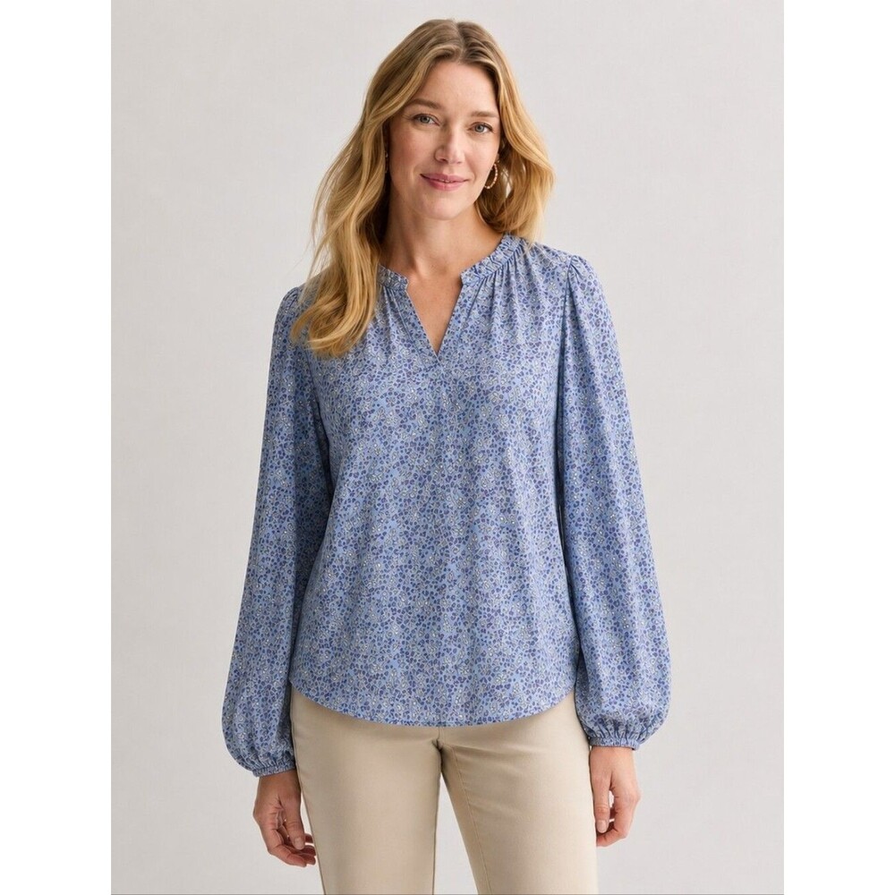 LOFT Blue Floral Peasant Blouse Long Sleeve Split Neck Women's Large